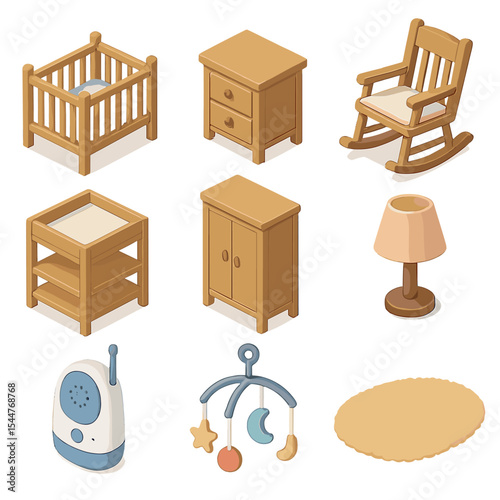 Nursery Furniture Icons. Isometric Flat icon set of nursery furniture pieces: crib, bedside table, rocking chair, changing station