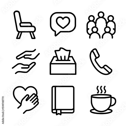 Grief Support Icons. Outline icon set of grief support and counseling: therapy chair, speech bubble heart, support group circle,