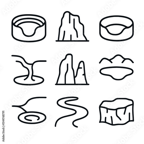 Karst Landscape Icons. Outline icon set of karst landscapes: sinkhole, limestone cliff, doline, ponor, karst tower, polje, spring,