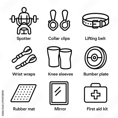 Gym Safety Gear Icons. Outline icon set of gym safety gear: spotter, collar clips, lifting belt, wrist wraps, knee sleeves, bumper