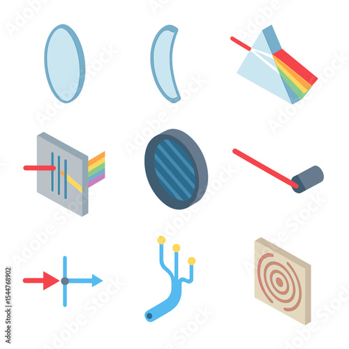 Optics Elements Icons. Isometric Flat icon set of optics elements: convex lens, concave mirror, prism dispersion, diffraction