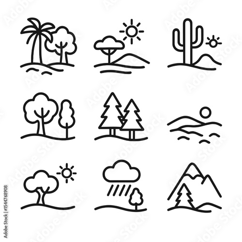 Climate Zones Icons. Outline icon set of climate zones: tropical rainforest, savanna, desert, temperate forest, taiga, tundra,