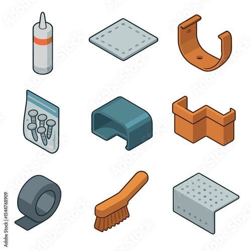 Gutter Repair Icon Set. Isometric Flat icon set of gutter maintenance and repair supplies: sealant tube, patch piece, replacement