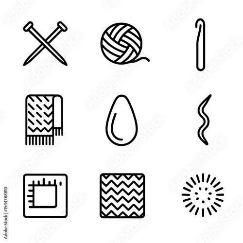 Knitting Icon Set. Outline icon set of knitting and crochet: knitting needles, yarn ball, crochet hook, knitted scarf, stitch