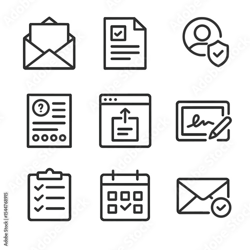 Client Onboarding Icons. Outline icon set of client onboarding process: welcome packet, account opening form, identity