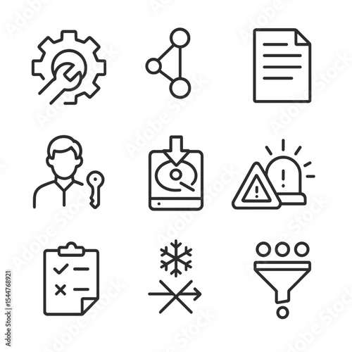 Operational Vulnerability Icons. Outline icon set of operational vulnerability: manual process gear, single point of failure,