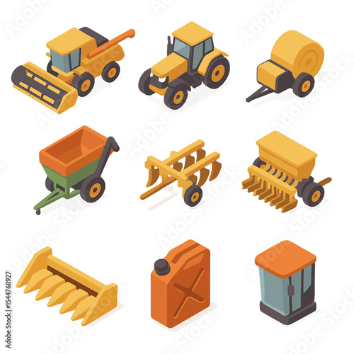 Harvest Machinery Icons. Isometric Flat icon set of harvest machinery in golden field: combine harvester, tractor, baler, grain
