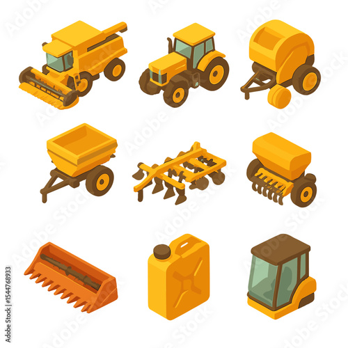 Harvest Machinery Icons. Isometric Flat icon set of harvest machinery in golden field: combine harvester, tractor, baler, grain