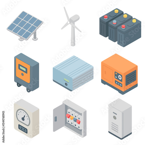 Off-Grid Energy Icons. Isometric Flat icon set of Off-Grid Energy Systems: solar panel array, wind turbine, battery bank, charge