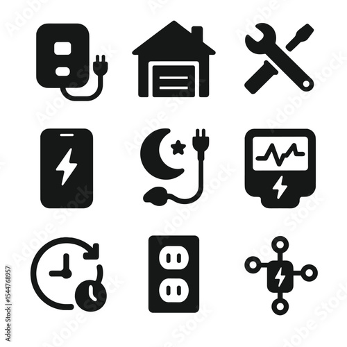 EV Charging Icons. Solid, filled icons set of EV charging at home: wallbox charger, garage plug, installation