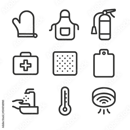 Kitchen Safety Icons. Outline icon set of kitchen safety and hygiene: oven mitt, apron, fire extinguisher, first aid kit, non-slip