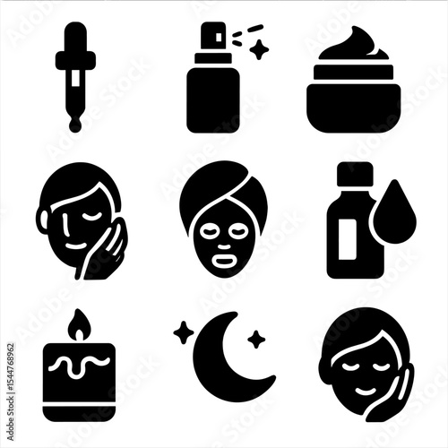 Evening Skincare Icons. Solid, filled icons set of evening skincare routine: nighttime serum, calming mist,