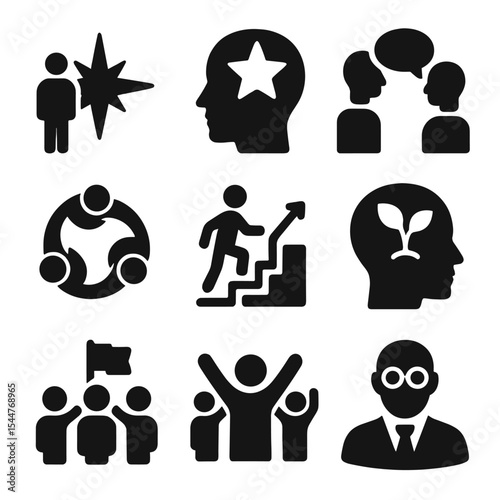 Evolution of Leadership Icons. Solid, filled icons set of leadership evolution: guiding star, open mind,
