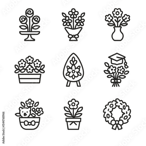 Occasion Arrangement Icons. Outline icon set of occasion arrangements: wedding centerpiece, birthday bouquet, anniversary vase,
