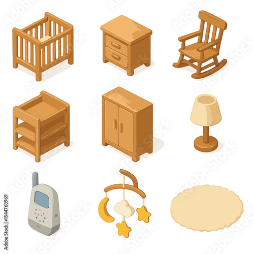 Nursery Furniture Icons. Isometric Flat icon set of nursery furniture pieces: crib, bedside table, rocking chair, changing station