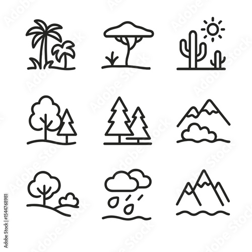 Climate Zones Icons. Outline icon set of climate zones: tropical rainforest, savanna, desert, temperate forest, taiga, tundra,