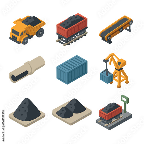 Ore Transport Icons. Isometric Flat icon set of ore transportation and logistics: ore truck, railway wagon, conveyor belt,