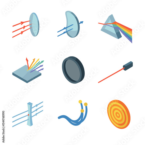 Optics Elements Icons. Isometric Flat icon set of optics elements: convex lens, concave mirror, prism dispersion, diffraction