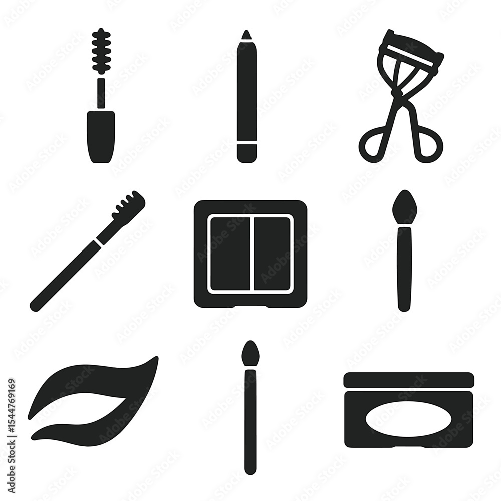 Eye Makeup Icons. Solid, filled icons set of eye makeup essentials: mascara wand, eyeliner pencil, lash curler