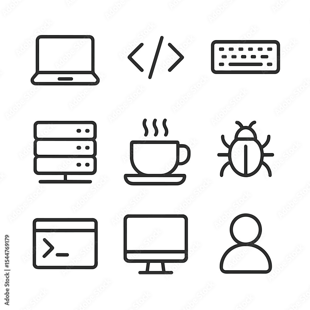Fototapeta premium Coding Bootcamp Icons. Outline icon set of coding bootcamp session: laptop, code brackets, keyboard, server rack, coffee cup, bug