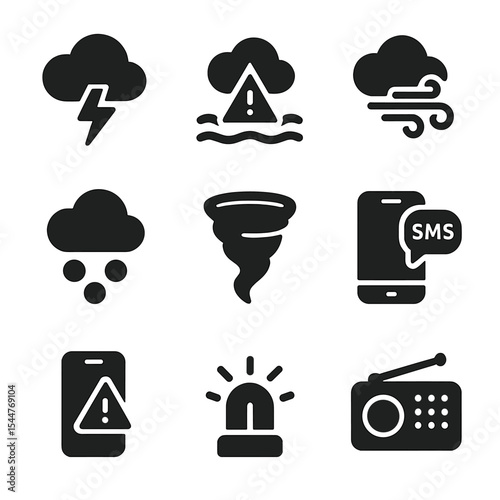 Extreme Weather Alerts Icons. Solid, filled icons set of extreme weather alerts: thunderstorm icon, flash