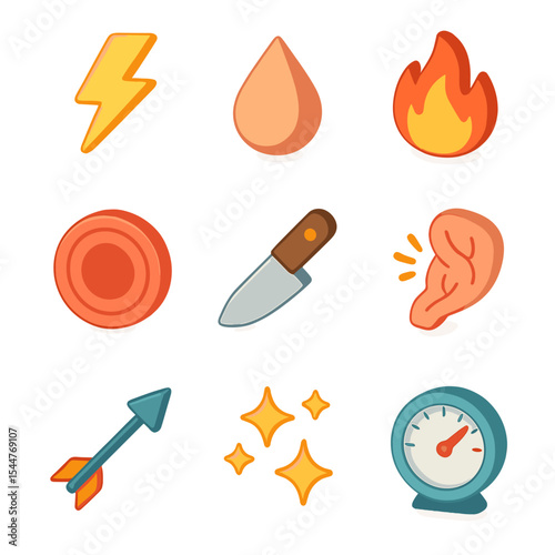 Pain Icons Grid. Isometric Flat icon set of pain type descriptors: sharp pain lightning bolt, dull ache droplet, throbbing circle