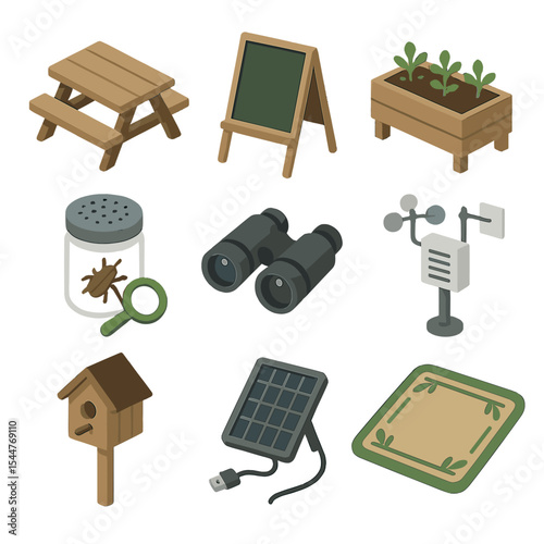 Outdoor Classroom Icons. Isometric Flat icon set of outdoor classroom resources: picnic table, chalkboard easel, garden planter,