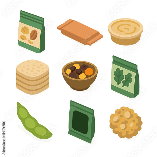 Healthy Snack Icons. Isometric Flat icon set of health snack options: mixed nuts packet, protein bar wrapper, hummus tub, rice