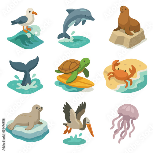 Coastal Wildlife Icons. Isometric Flat icon set of coastal wildlife interactions: seabird riding wave, dolphin leaping, sea lion