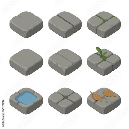 Cobblestone Icon Grid. Isometric Flat icon set of cobblestone pavement: rounded cobble, grout line, moss in joint, wear polish,