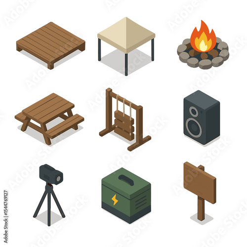 Outdoor Reality Show Icons. Isometric Flat icon set of outdoor reality show setup: wooden platform, canopy tent, fire pit, picnic