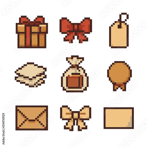 Packaging Icon Set. Pixel art icon set of packaging and gifting: gift box, ribbon tie, gift tag, tissue paper, cellophane bag,