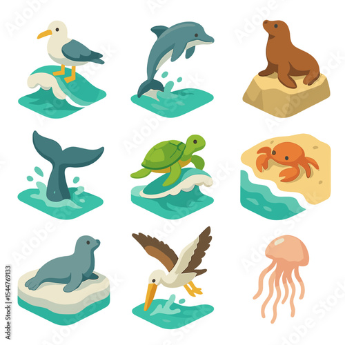 Coastal Wildlife Icons. Isometric Flat icon set of coastal wildlife interactions: seabird riding wave, dolphin leaping, sea lion