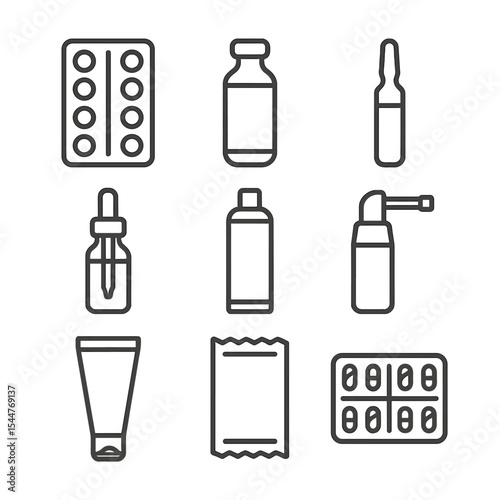 Packaging Icon Set. Outline icon set of packaging formats: blister pack, glass vial, ampoule, dropper bottle, aerosol can, nasal