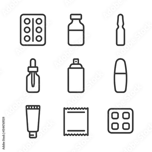 Packaging Icon Set. Outline icon set of packaging formats: blister pack, glass vial, ampoule, dropper bottle, aerosol can, nasal
