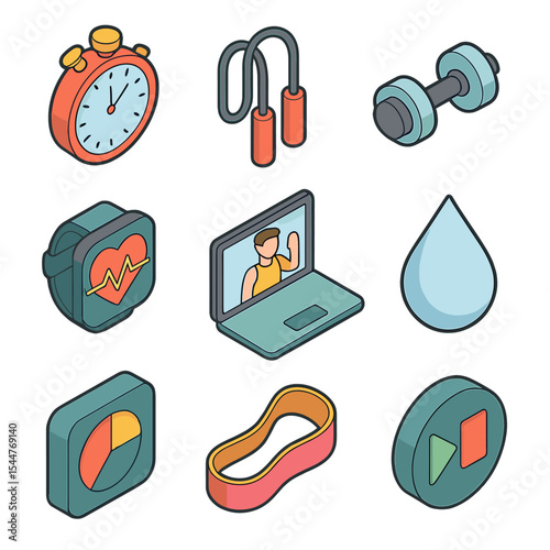 HIIT Workout Icon Set. Isometric Flat icon set of online HIIT workouts: stopwatch, jump rope, dumbbell, heart rate monitor,