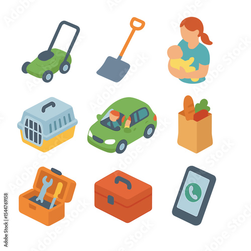 Helping Neighbors Icons. Isometric Flat icon set of helping neighbors: lawn mower, snow shovel, babysitting babysitter icon, pet