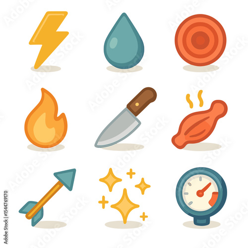 Pain Icons Grid. Isometric Flat icon set of pain type descriptors: sharp pain lightning bolt, dull ache droplet, throbbing circle