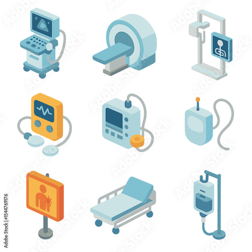Pain Therapy Icons. Isometric Flat icon set of pain-related medical equipment: ultrasound machine, MRI scanner, X-ray machine,