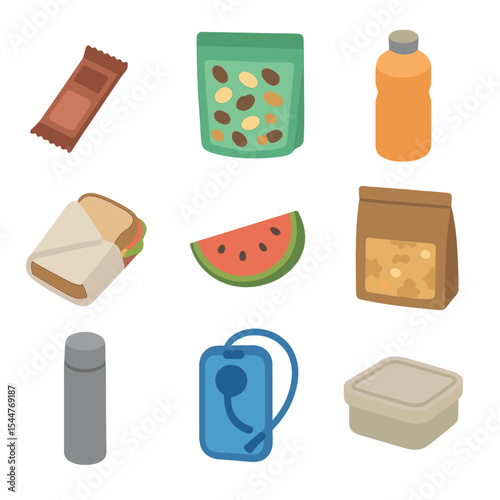 Hiking Snacks Icon Set. Isometric Flat icon set of day hike snacks and hydration: energy bar, trail mix pouch, electrolyte drink,