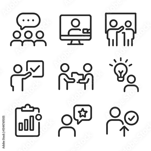 Collaborative Icon Set. Outline icon set of collaborative interactions: group chat, video call, whiteboard, task assignment, file