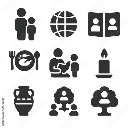 Family Customs Icons. Solid, filled icons set of teaching family customs: parent icon, child icon, globe icon,