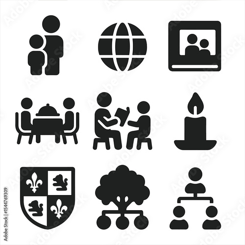 Family Customs Icons. Solid, filled icons set of teaching family customs: parent icon, child icon, globe icon,