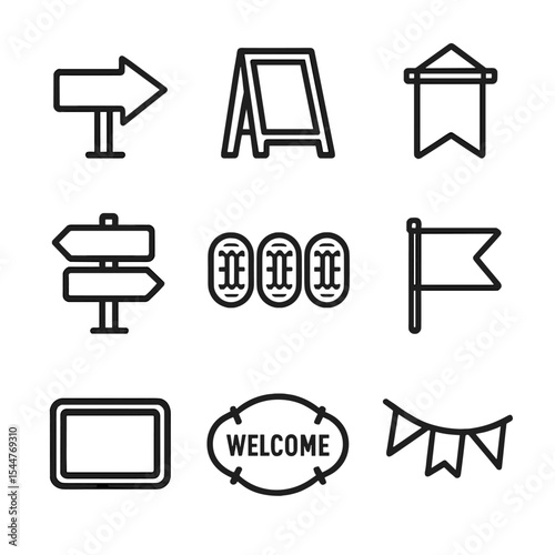 Holiday Sign Icon Set. Outline icon set of holiday signage and banners: direction arrow, chalkboard sign, hanging banner, wooden