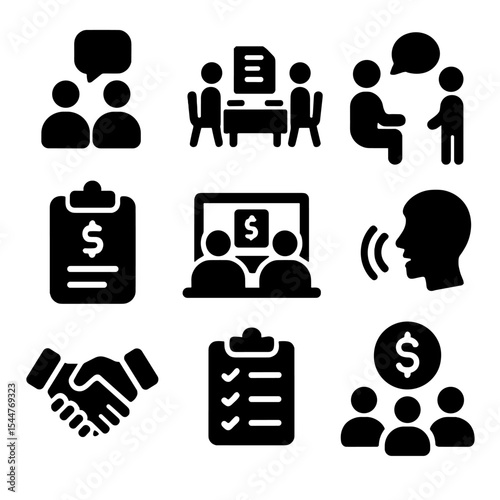 Family Finance Icons. Solid, filled icons set of family financial discussions: group chat icon, dinner table