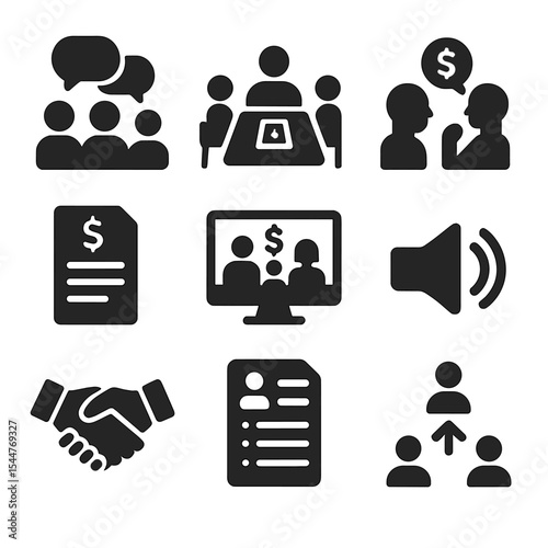 Family Finance Icons. Solid, filled icons set of family financial discussions: group chat icon, dinner table