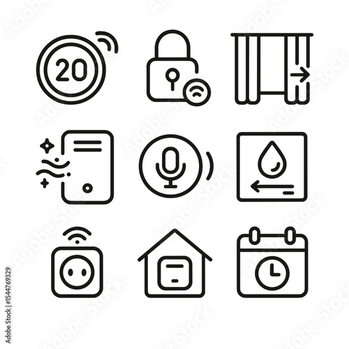Home Automation Icons. Outline icon set of home automation for sleep: smart thermostat, smart lock, automated curtains, air