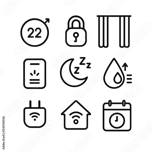 Home Automation Icons. Outline icon set of home automation for sleep: smart thermostat, smart lock, automated curtains, air