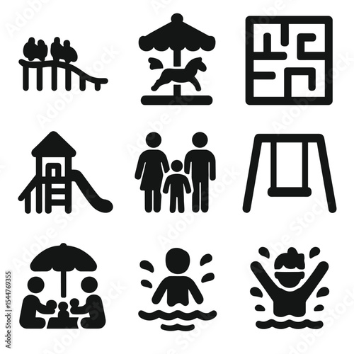 Family Fun Icons. Solid, filled icons set of family-friendly attractions: kid coaster, mini carousel, fun maze
