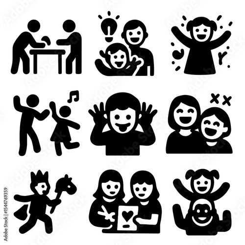 Family Fun Icons. Solid, filled icons set of family fun and play: playful game, creative spark, joyful cheer, dance party, silly pose, laugh out loud, imaginative play, fun craft, bonding fun.